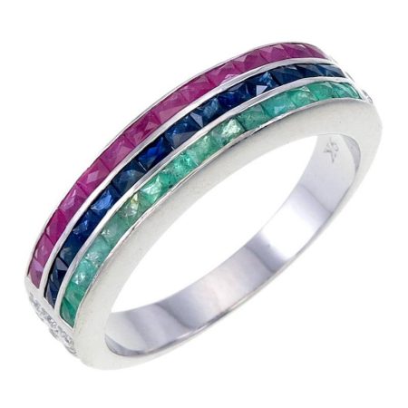 9K White Gold Ruby, Sapphire, Emerald and Diamond Ring